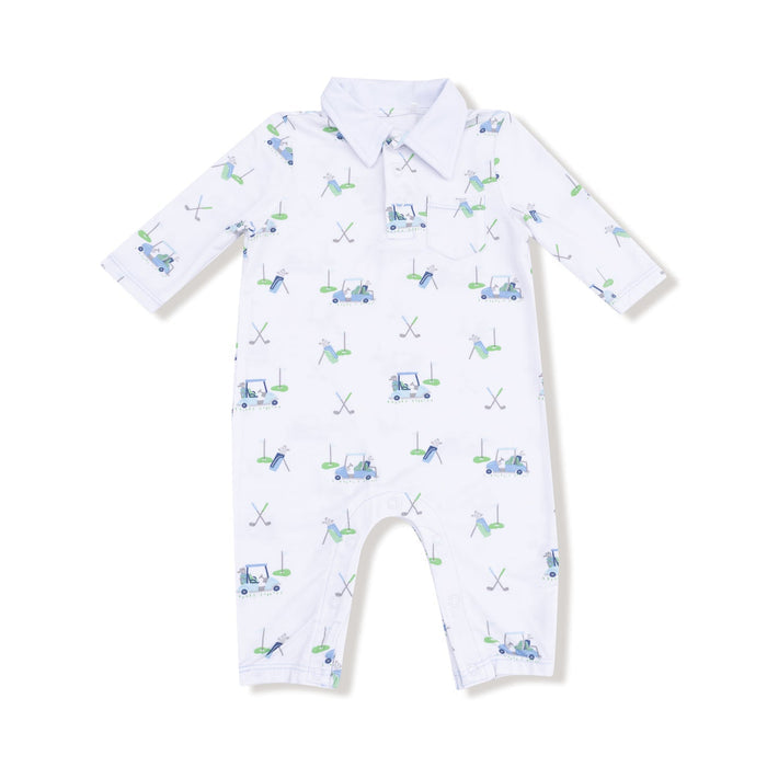 Polo Romper - Baby Golf Carts Print Blue - Wee Bee Baby Boutique