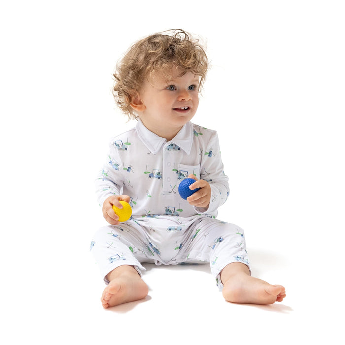 Polo Romper - Baby Golf Carts Print Blue - Wee Bee Baby Boutique