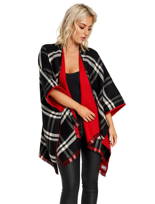 Reversible Plaid Fringed Shawl - Red #color_red