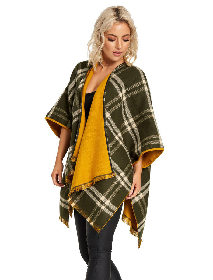 Reversible Plaid Fringed Shawl - Amber #color_amber