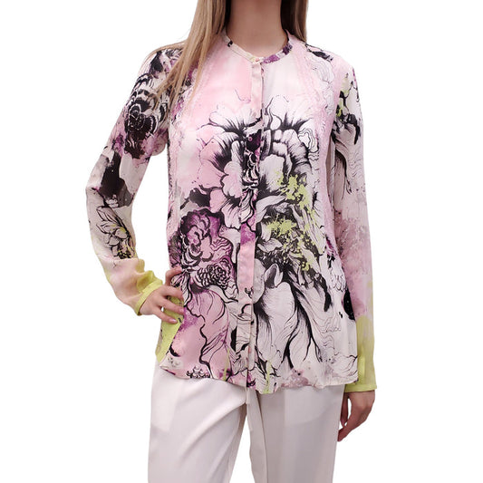 ROBERTO CAVALLI PINK AND NEON YELLOW FLORAL SILK BLOUSE - SIZE 44