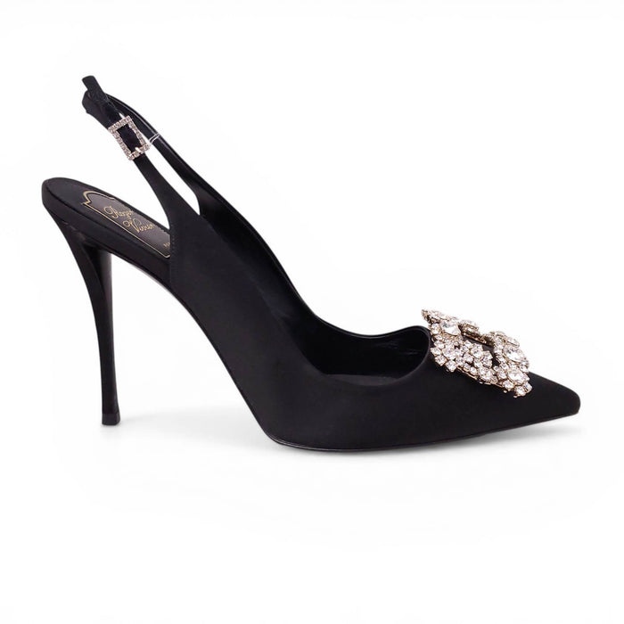 ROGER VIVIER BLACK SLINGBACK HEELS WITH CRYSTAL EMBELLISHMENT - SIZE 40.5