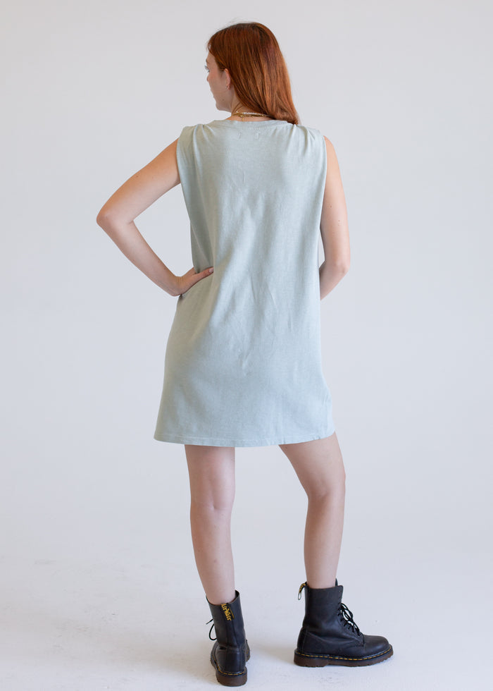 Sage green Ruched Boxy Dress worn on model, side view