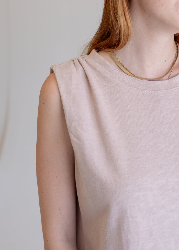Apricot Ruched Boxy Dress on model, close-up view