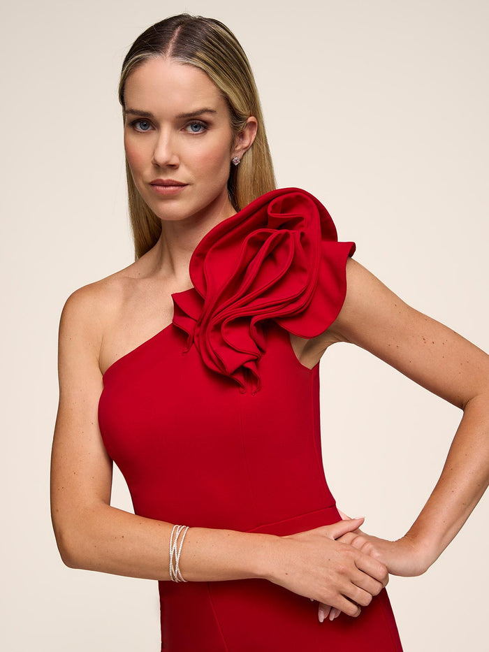 Ruffle One-Shoulder Wide-Leg Jumpsuit by Le Chateau.