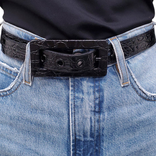 SAINT LAURENT BLACK CROC EMBOSSED BELT - SIZE 75