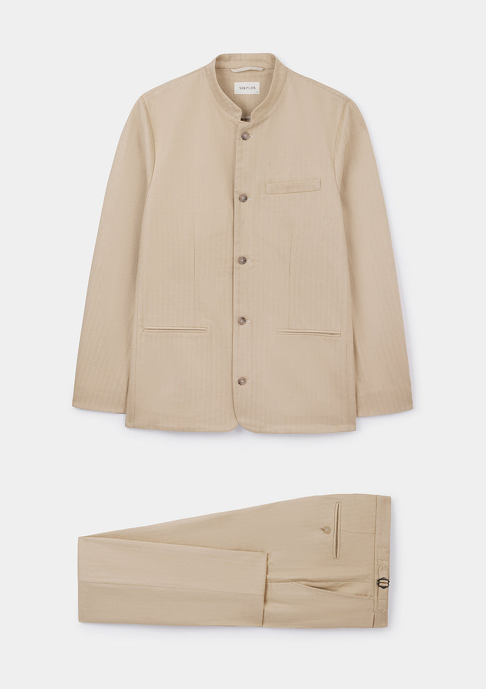 Sand Herringbone Cotton Linen Nehru Suit, Suits - SIRPLUS