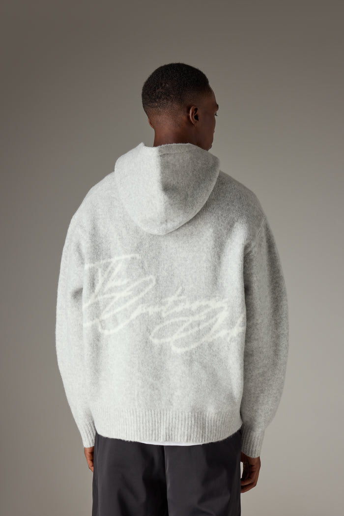 SCRIPT LOGO GRAPHIC KNITTED HOODIE - GREY MARL