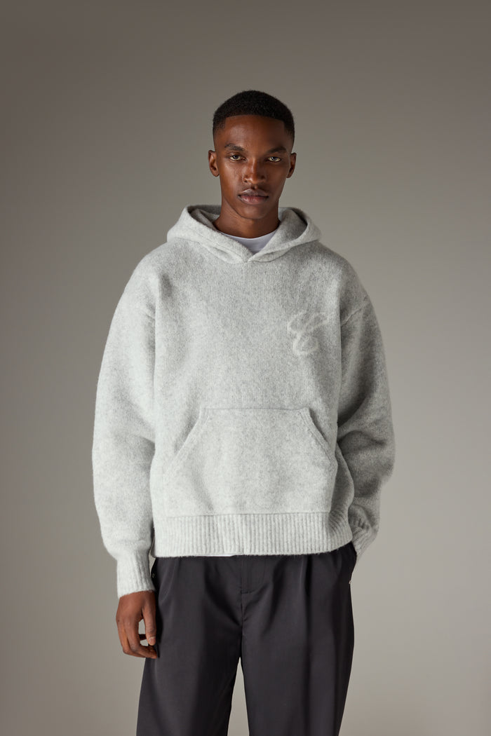 SCRIPT LOGO GRAPHIC KNITTED HOODIE - GREY MARL