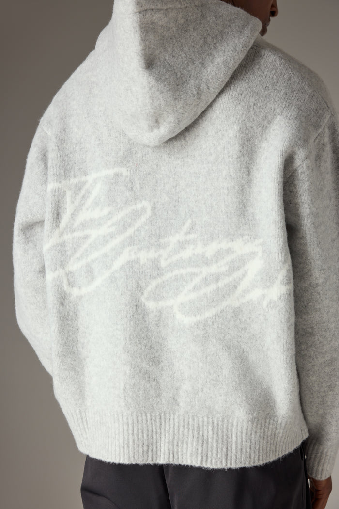 SCRIPT LOGO GRAPHIC KNITTED HOODIE - GREY MARL