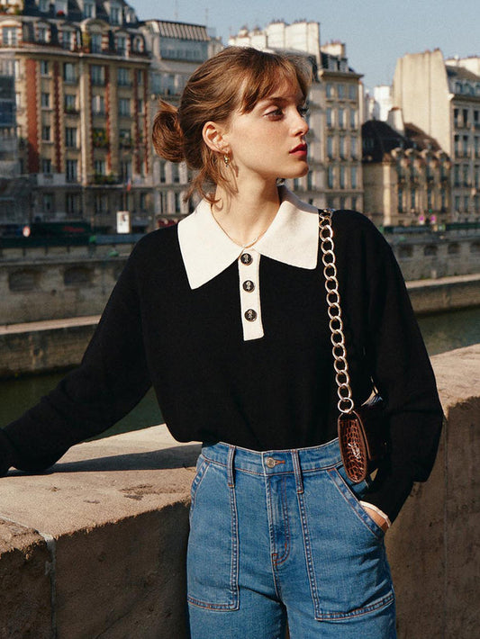 Selena Polo Contrast Collar 100% Wool Black Knit Sweater