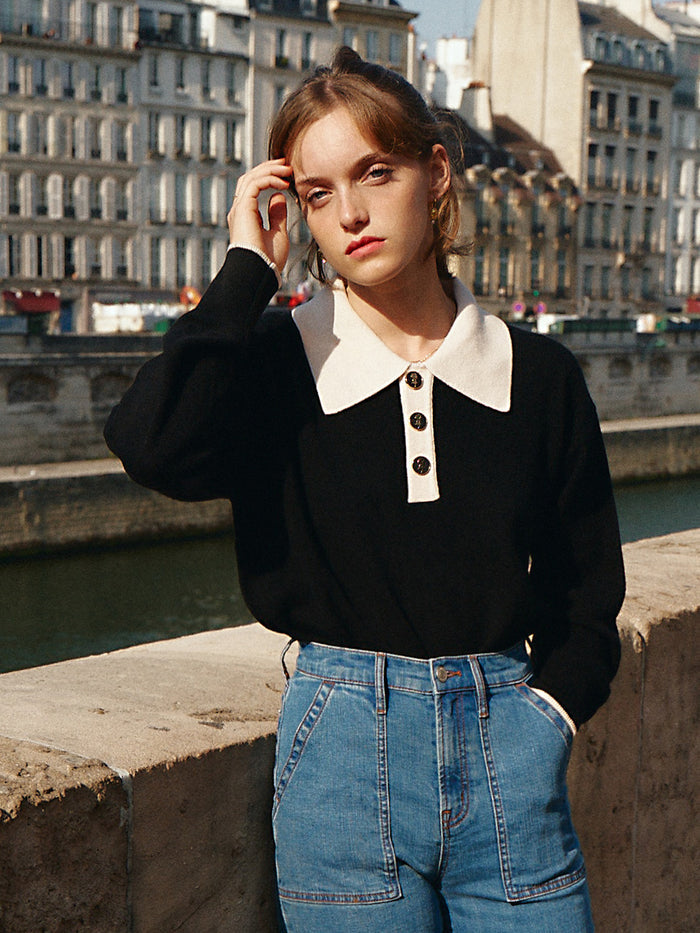 Selena Polo Contrast Collar 100% Wool Black Knit Sweater