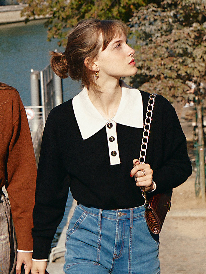 Selena Polo Contrast Collar 100% Wool Black Knit Sweater