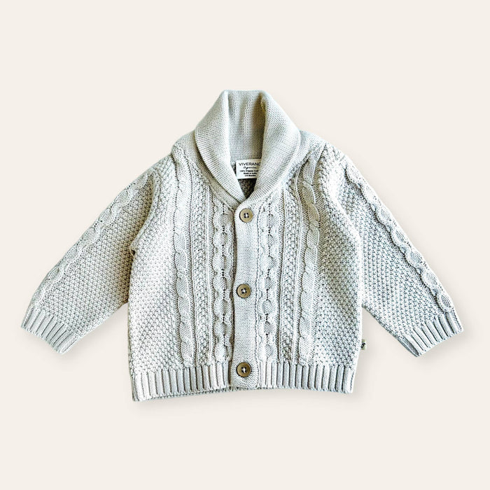 Shawl Collar Cable Knit Baby Cardigan Sweater (Organic) / Stone - Wee Bee Baby Boutique