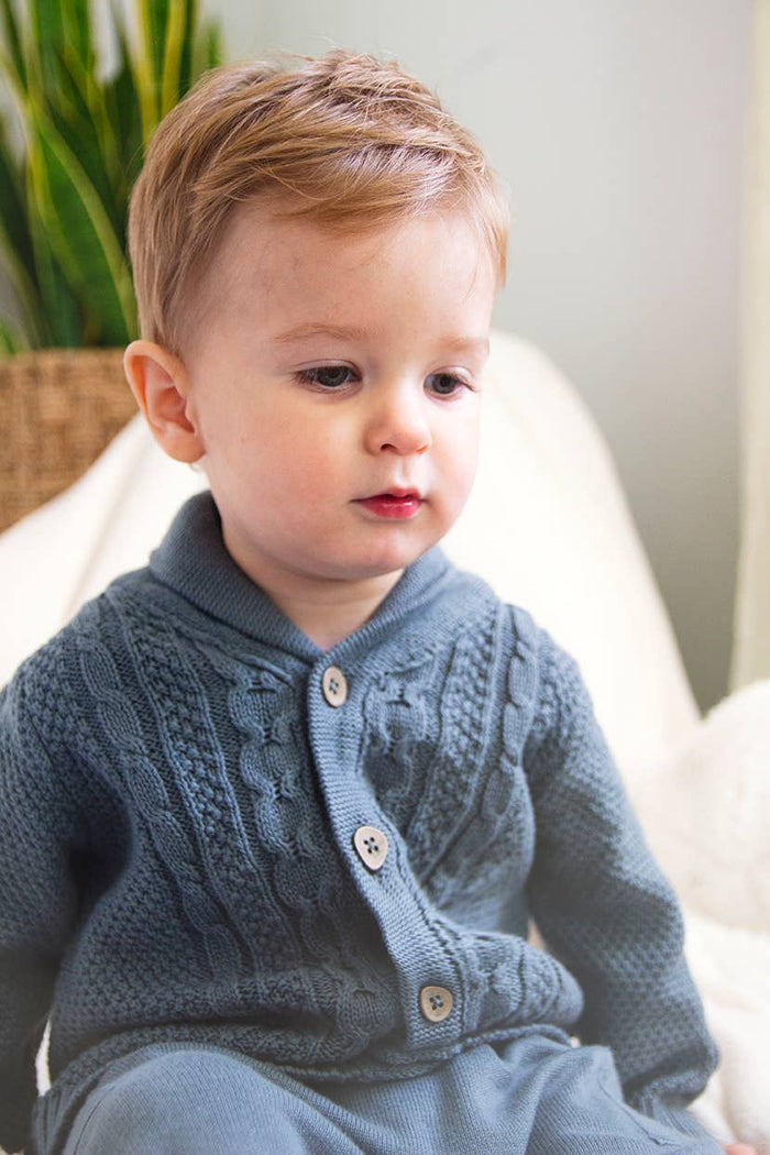 Shawl Collar Cable Knit Baby Cardigan Sweater (Organic) / Stone - Wee Bee Baby Boutique