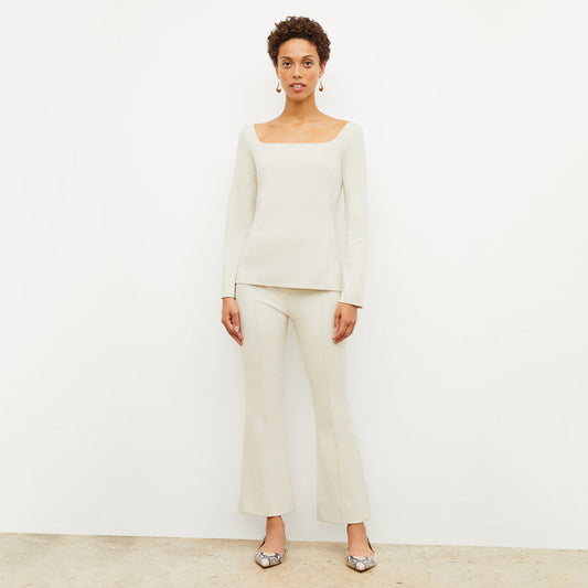 Front image of a woman standing wearing the Shiloh Pant in Pearl | Lead