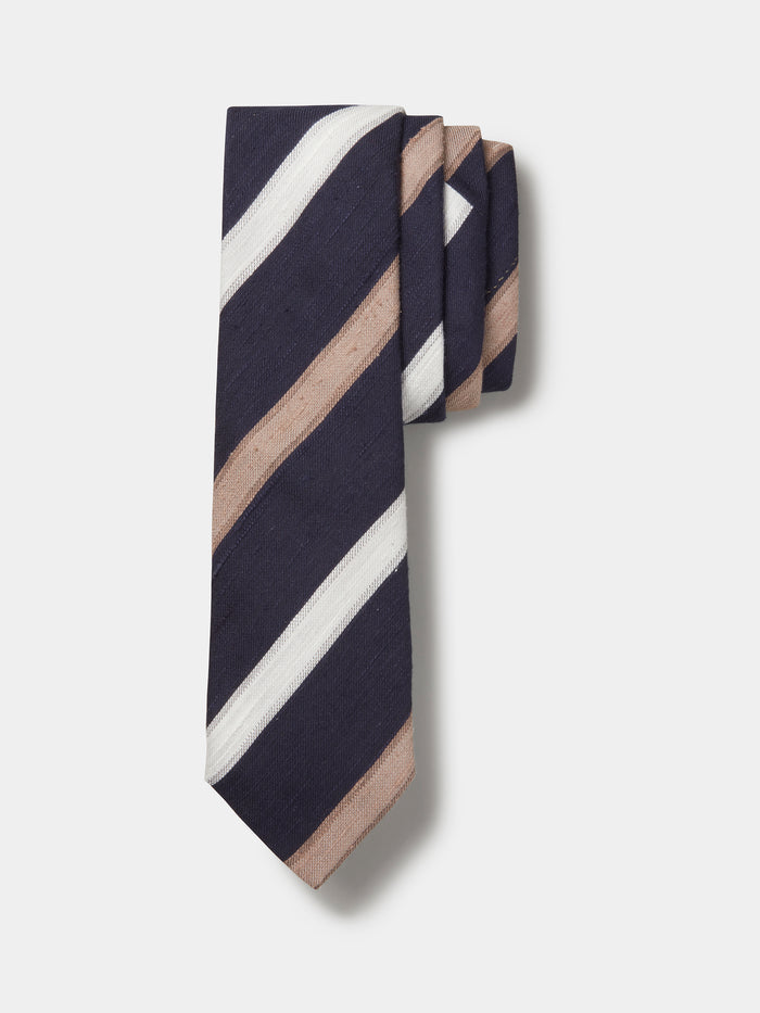 Aubin Navy/White/Brown Club Stripe Silk Slub Tie | Ties