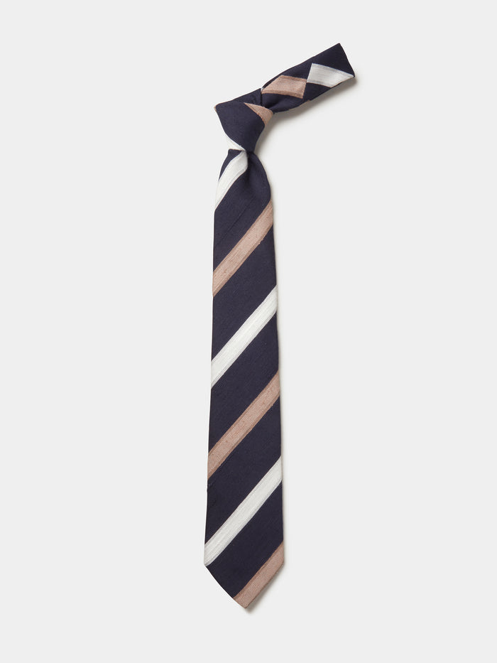 Aubin Navy/White/Brown Club Stripe Silk Slub Tie | Ties