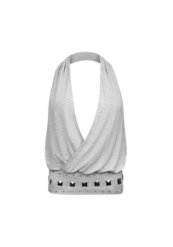 SLEAZE STUDDED DRAPED TOP GREY MARL