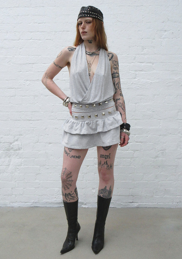 SLEAZE STUDDED RUFFLE MICRO SKIRT GREY MARL