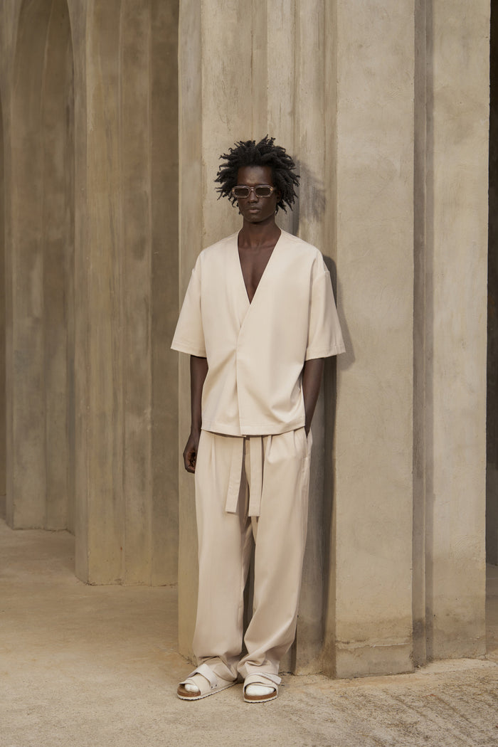 SMART TIE BELTED TROUSERS - STONE