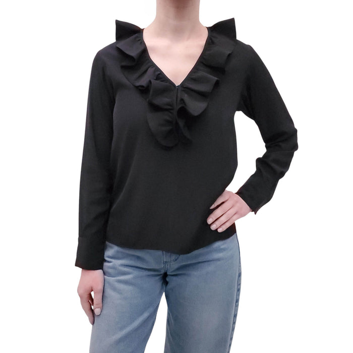 SMYTHE BLACK BLOUSE WITH RUFFLE DETAIL - SIZE XS