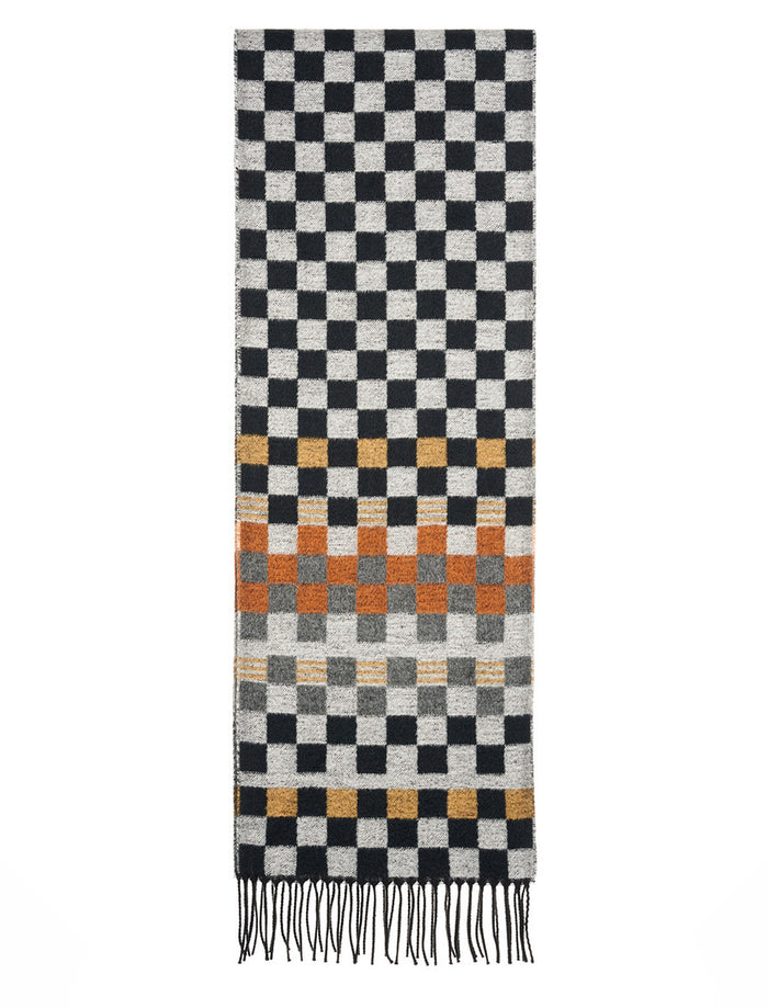 Soft Motif Fringed Scarf #color_black-white-tan