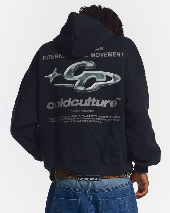 SPARKLY HOODIE BLACK - black graphic print hoodie, back view on male model - Cold Culture #man