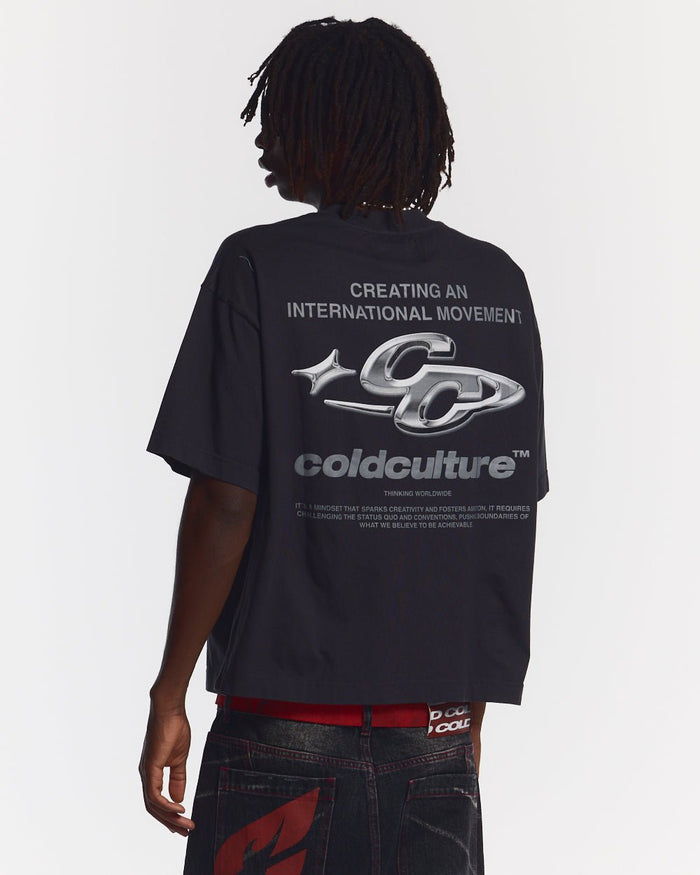 SPARKLY TEE BLACK - black graphic print tee, back view on male model - Cold Culture #man