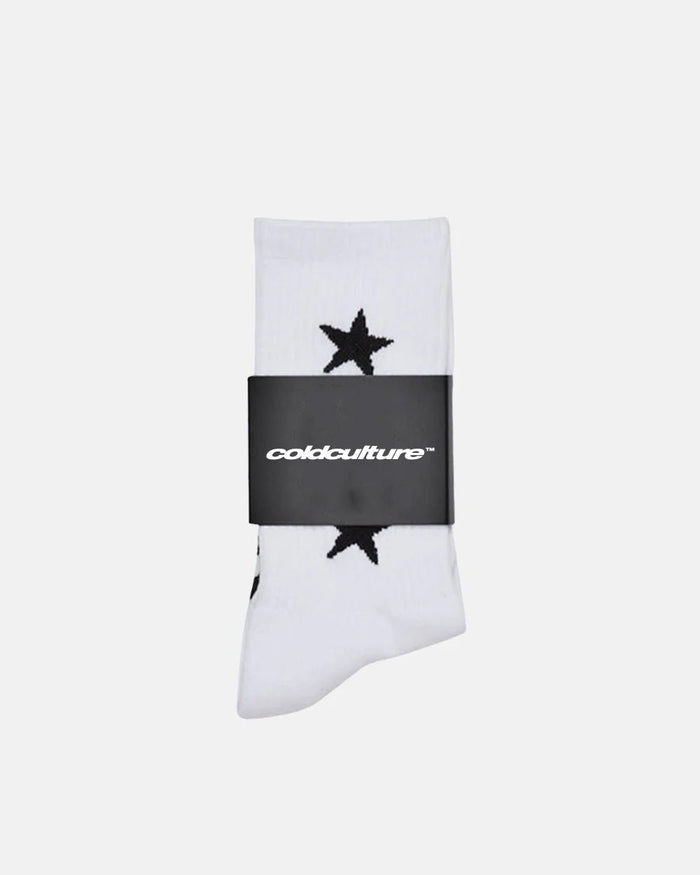 STARRY SOCKS WHITE - white star print socks, flat lay - Cold Culture