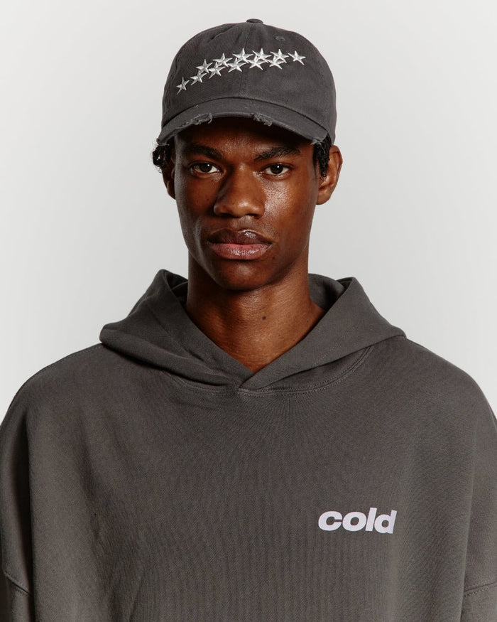 STARS CAP DARK GREY - dark grey distressed cap, on model close-up - Cold Culture #man
