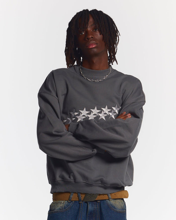 STARS CREWNECK DUST GREY - grey star print crewneck sweatshirt, front view on male model - Cold Culture #man