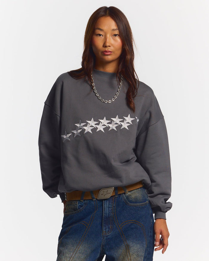 STARS CREWNECK DUST GREY - grey star print crewneck sweatshirt, front view on female model - Cold Culture #woman
