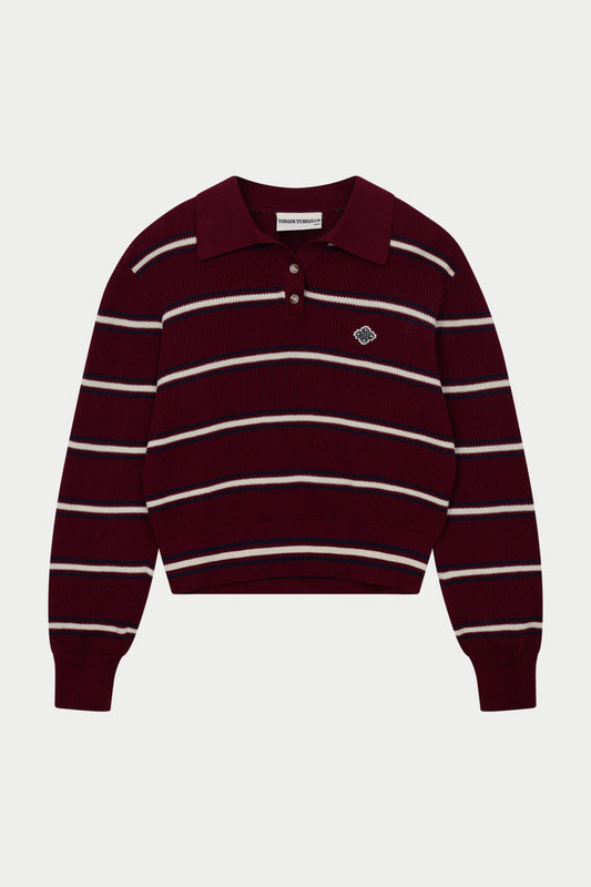 STRIPE KNITTED BUTTON THROUGH POLO - BURGUNDY