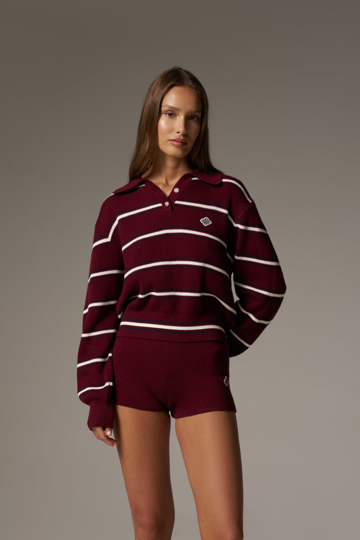 STRIPE KNITTED BUTTON THROUGH POLO - BURGUNDY