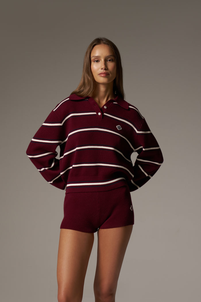 STRIPE KNITTED BUTTON THROUGH POLO - BURGUNDY