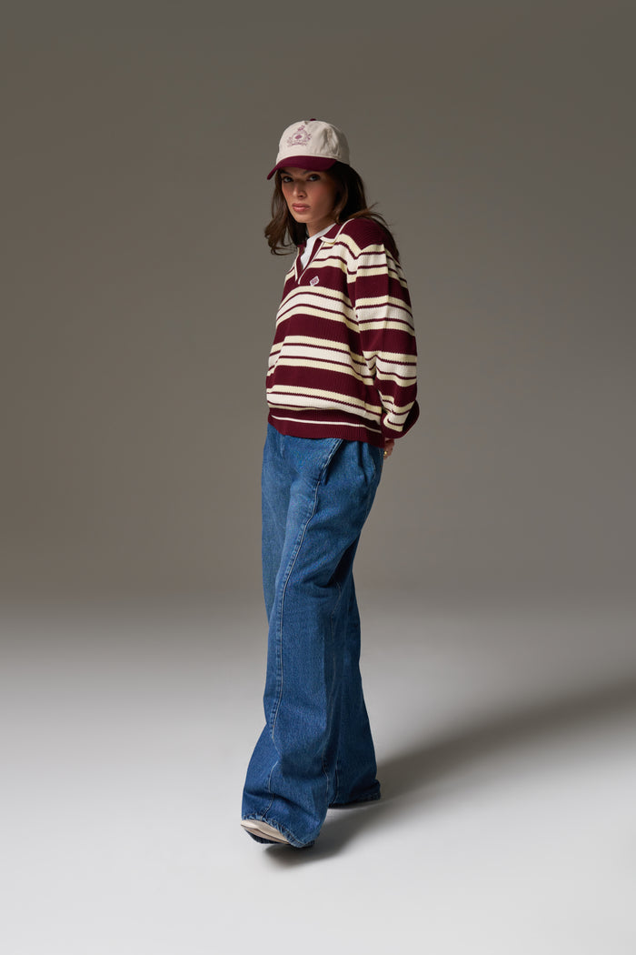 STRIPE KNITTED POLO SWEATSHIRT - BURGUNDY
