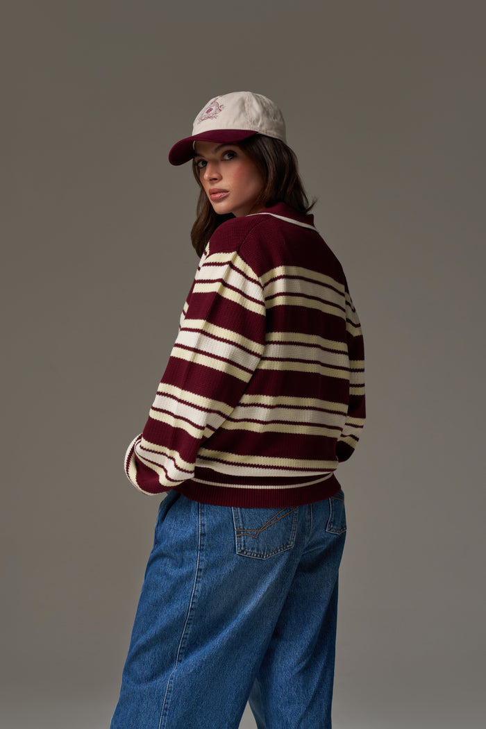 STRIPE KNITTED POLO SWEATSHIRT - BURGUNDY