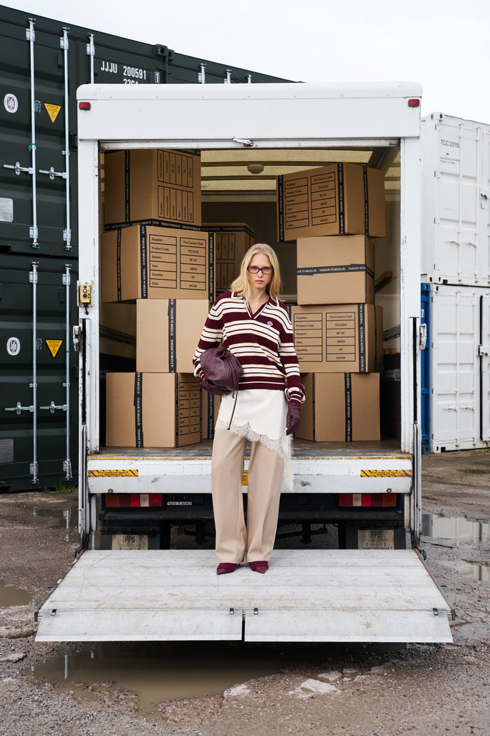 STRIPE KNITTED POLO SWEATSHIRT - BURGUNDY