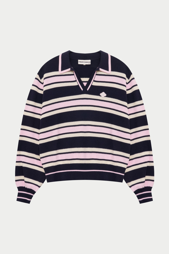 STRIPE KNITTED POLO SWEATSHIRT - NAVY