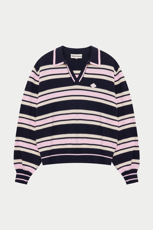 STRIPE KNITTED POLO SWEATSHIRT - NAVY