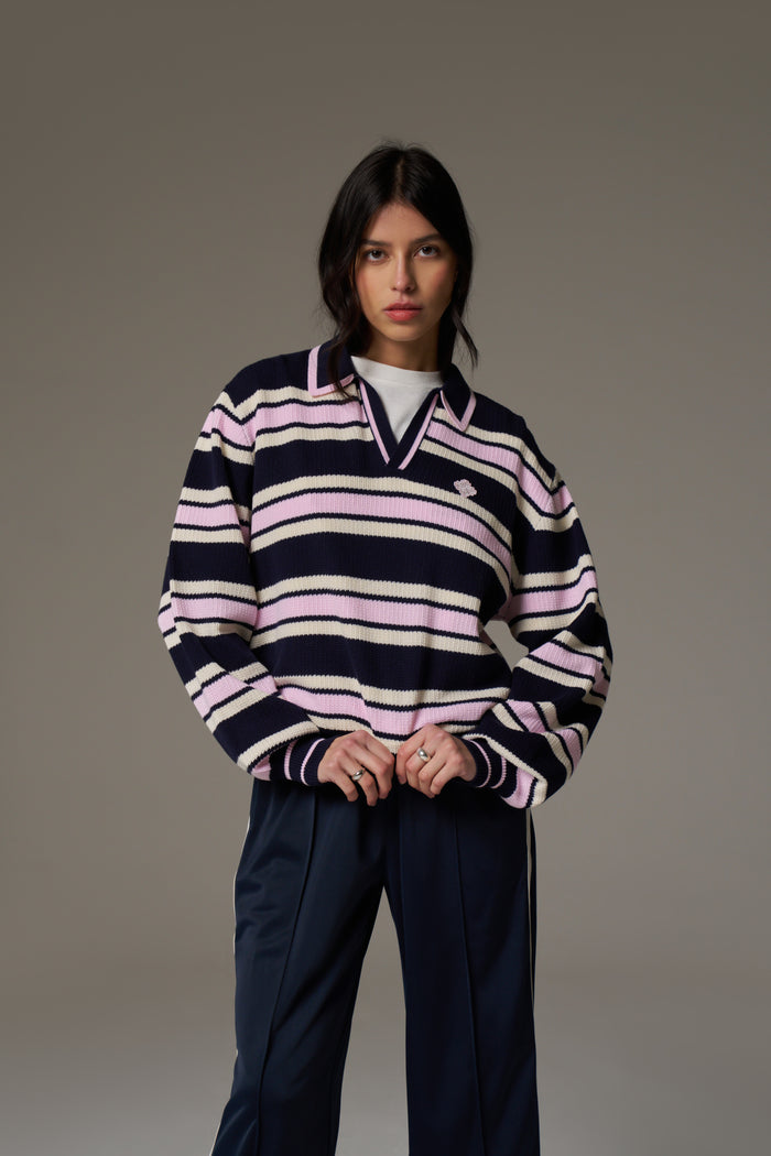 STRIPE KNITTED POLO SWEATSHIRT - NAVY