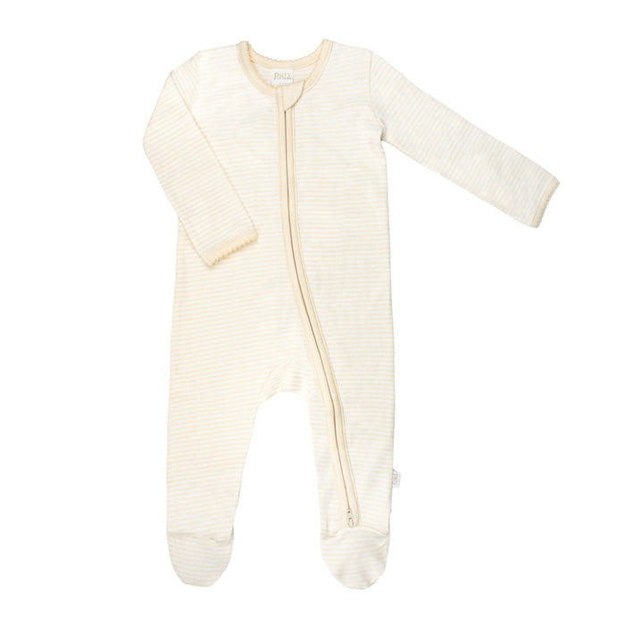 Striped Zipper Footie - Oatmeal Stripe - Wee Bee Baby Boutique