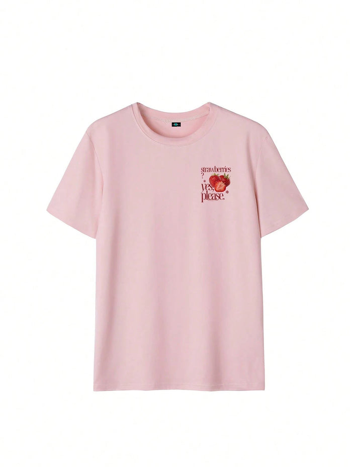 SXV Best-Selling Women's Back Retro Strawberry & Letter Print T-shirt