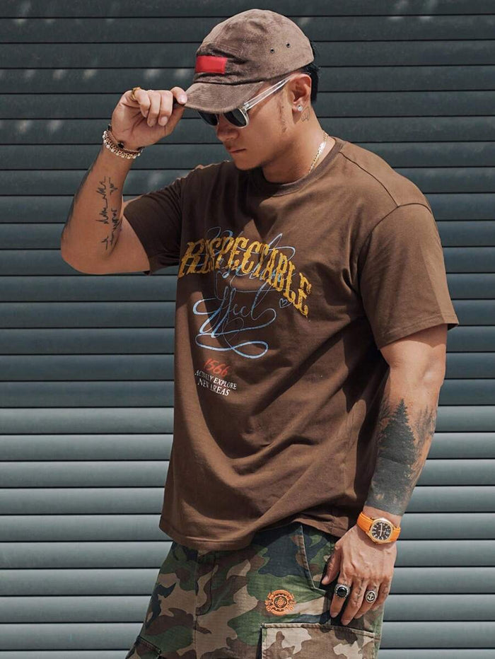 SXV Brown Letter Print Street Style Casual Men's T-Shirt, Summer
