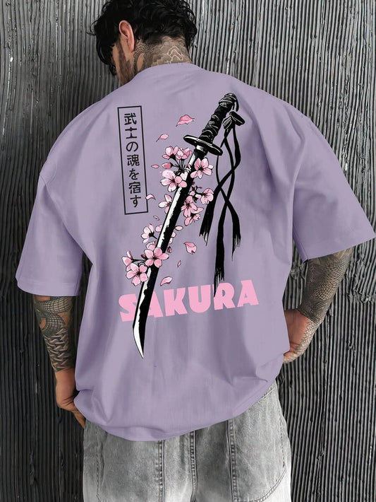 SXV Casual Katana & Sakura Flower Graphic Print Purple Loose Fit Round Neck T-Shirt