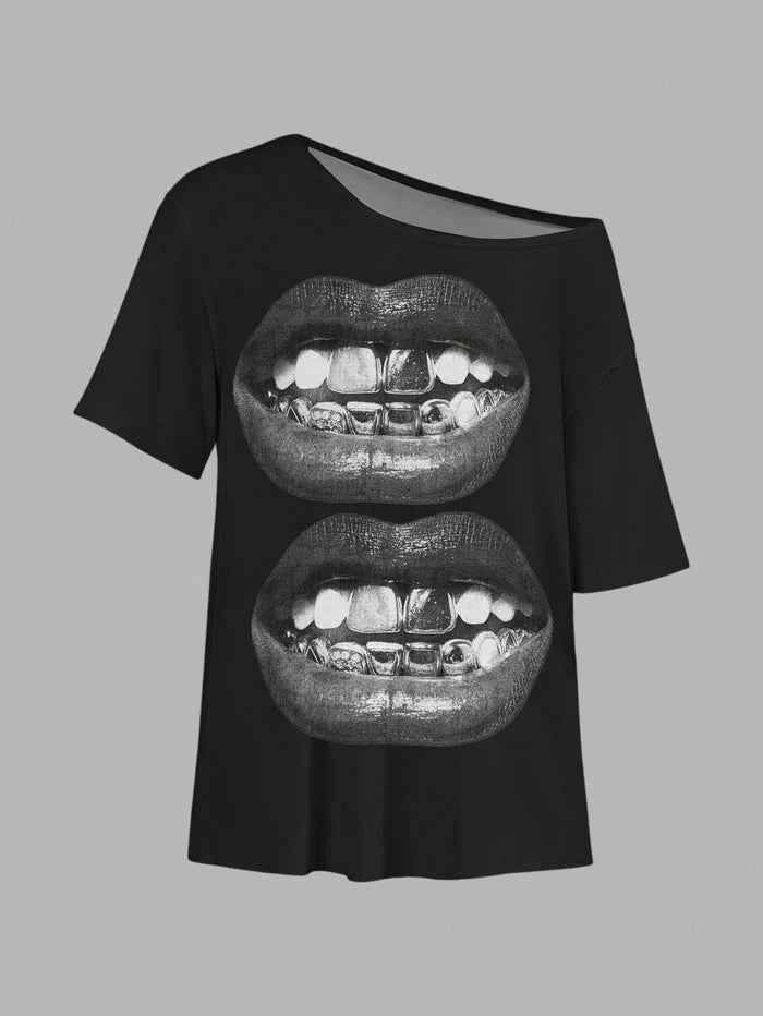 SXV Casual Minimalist Lip Print Off Shoulder Loose Short Sleeve T-Shirt For Women