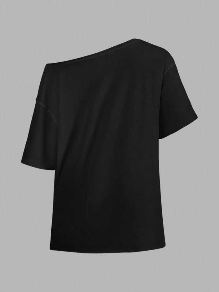 SXV Casual Minimalist Lip Print Off Shoulder Loose Short Sleeve T-Shirt For Women