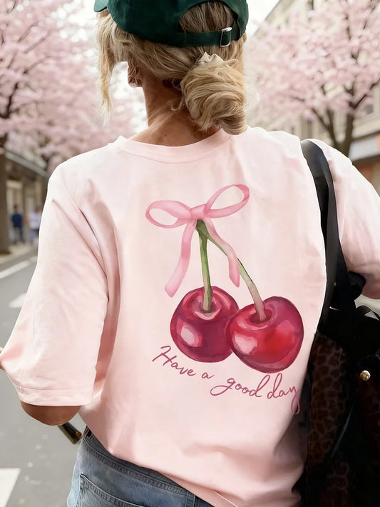 SXV cherry bow have a good day Letter Print Cheongsam Pattern Round Neck Short Sleeve T-Shirt