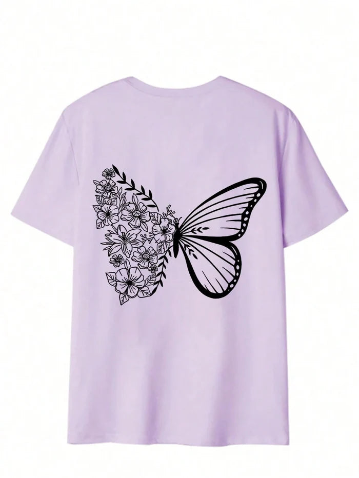 SXV Cute Pattern Butterfly Casual Vacation Style Loose Versatile Round Neck Short Sleeve T-Shirt